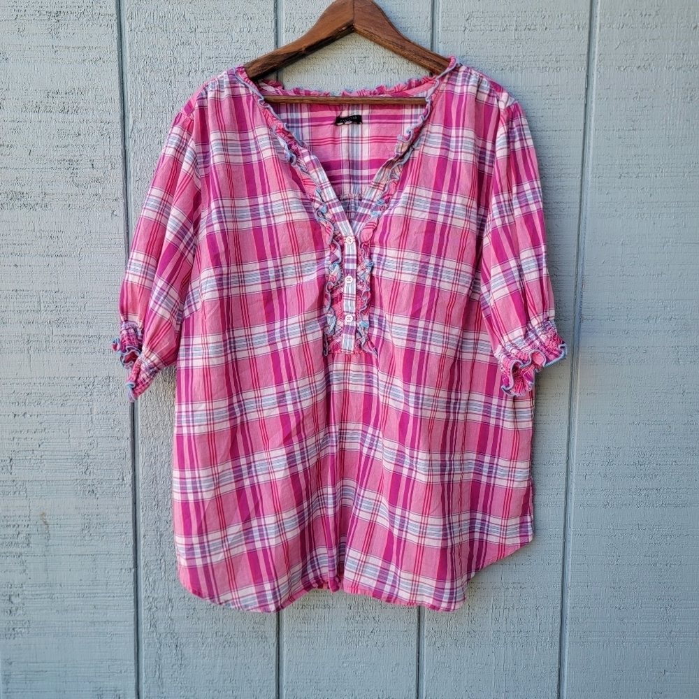 Talbots Plaid Ruffle Cotton Popover Blouse sz 2X Pink Blue Classic Chic